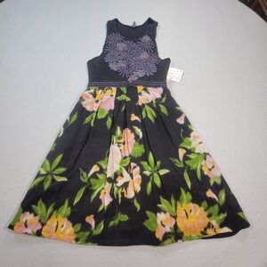 Free People Dress Size XS Black Floral Fit Flare Embroidered Bodice Pleated NWT
